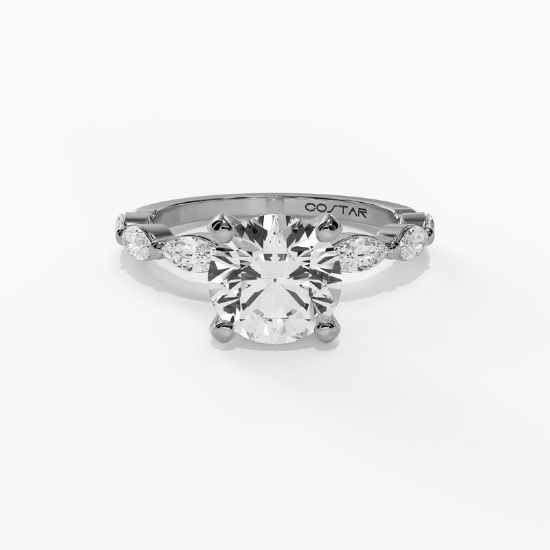 14K White Gold Modern Round Natural Diamonds Engagement Ring