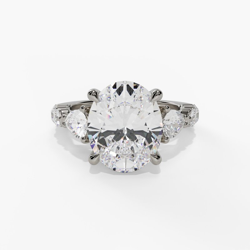 14K White Gold Three Stone Oval Natural Diamonds Engagement Ring