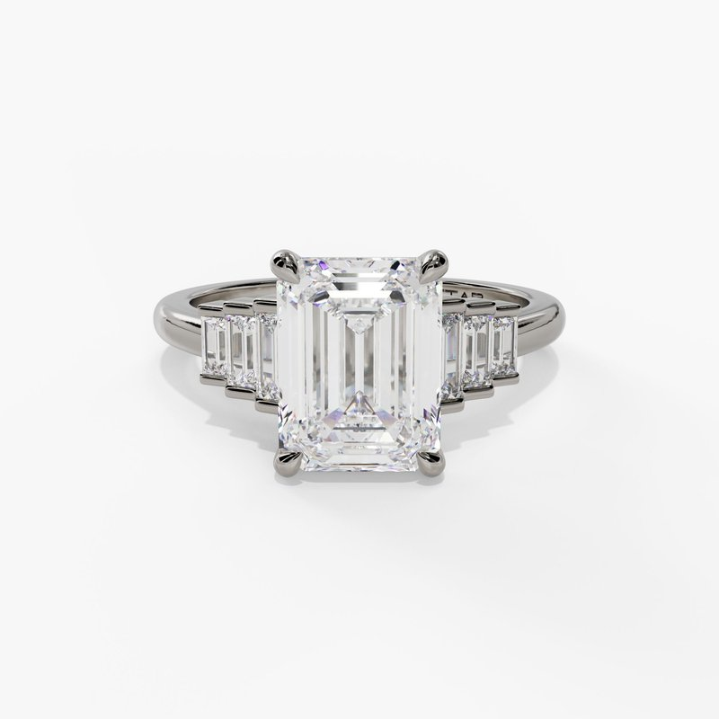 14K White Gold Seven Stone Emerald Cut Natural Diamonds Engagement Ring