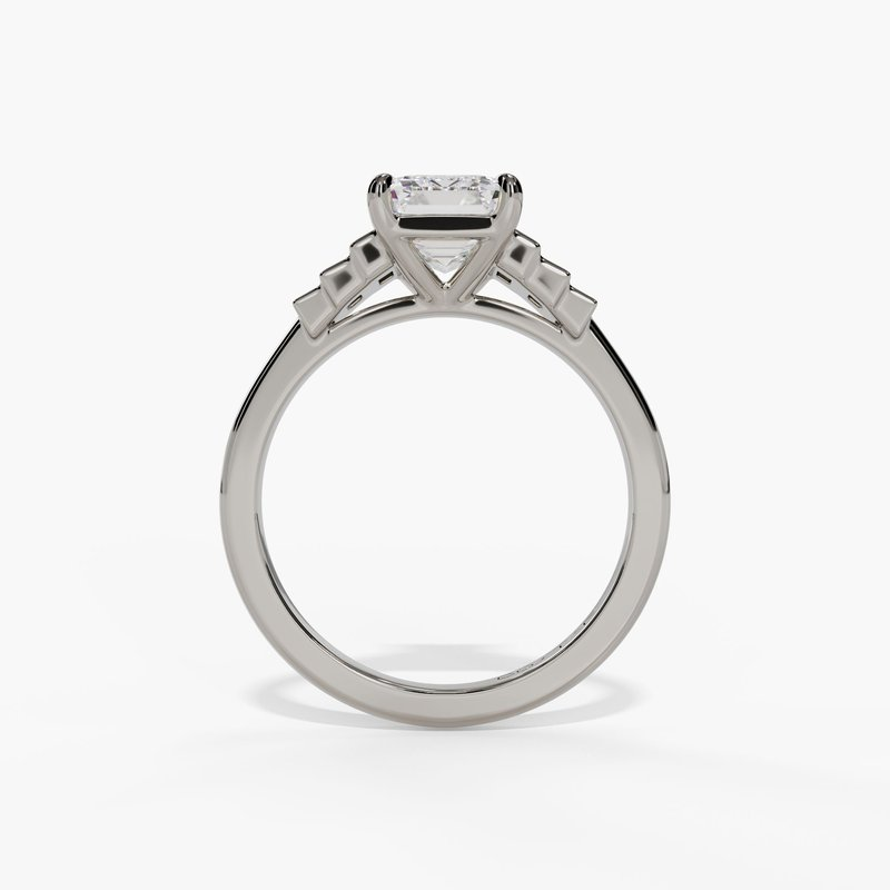 14K White Gold Seven Stone Emerald Cut Natural Diamonds Engagement Ring