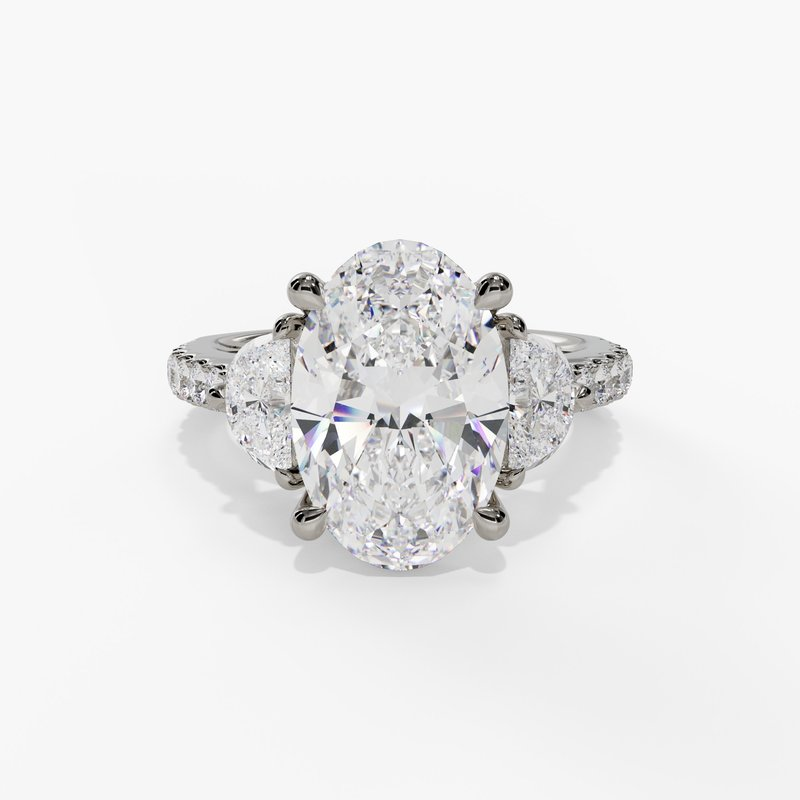 14K White Gold Three Stone Oval Natural Diamonds Engagement Ring