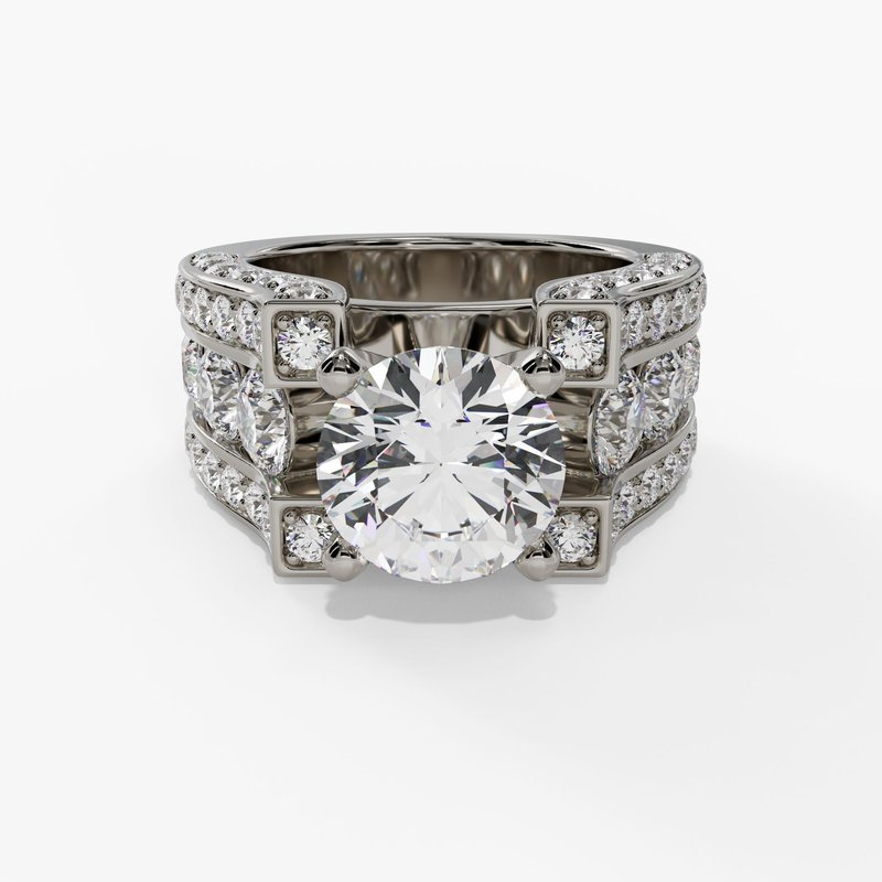 14K White Gold Wide Band Round Natural Diamonds Engagement Ring