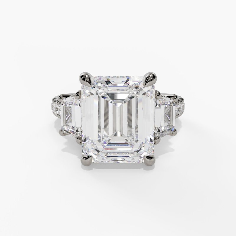 14K White Gold Three Stone Emerald Cut Natural Diamonds Engagement Ring