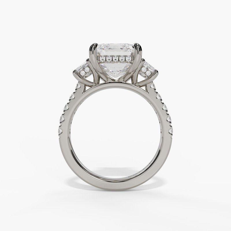 14K White Gold Three Stone Emerald Cut Natural Diamonds Engagement Ring