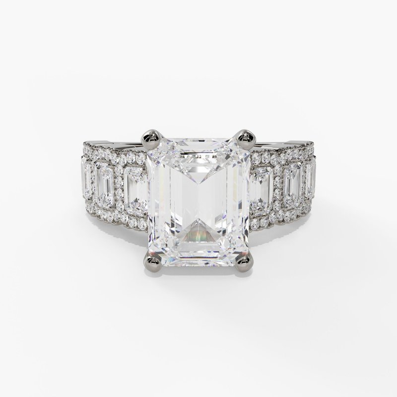 14K White Gold Seven Stone Emerald Cut Natural Diamonds Engagement Ring