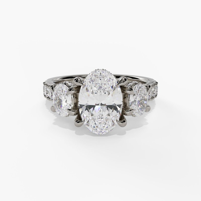 14K White Gold Three Stone Oval Natural Diamonds Engagement Ring