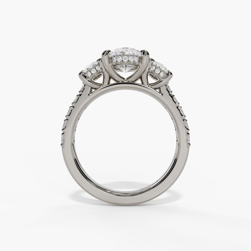 14K White Gold Three Stone Oval Natural Diamonds Engagement Ring