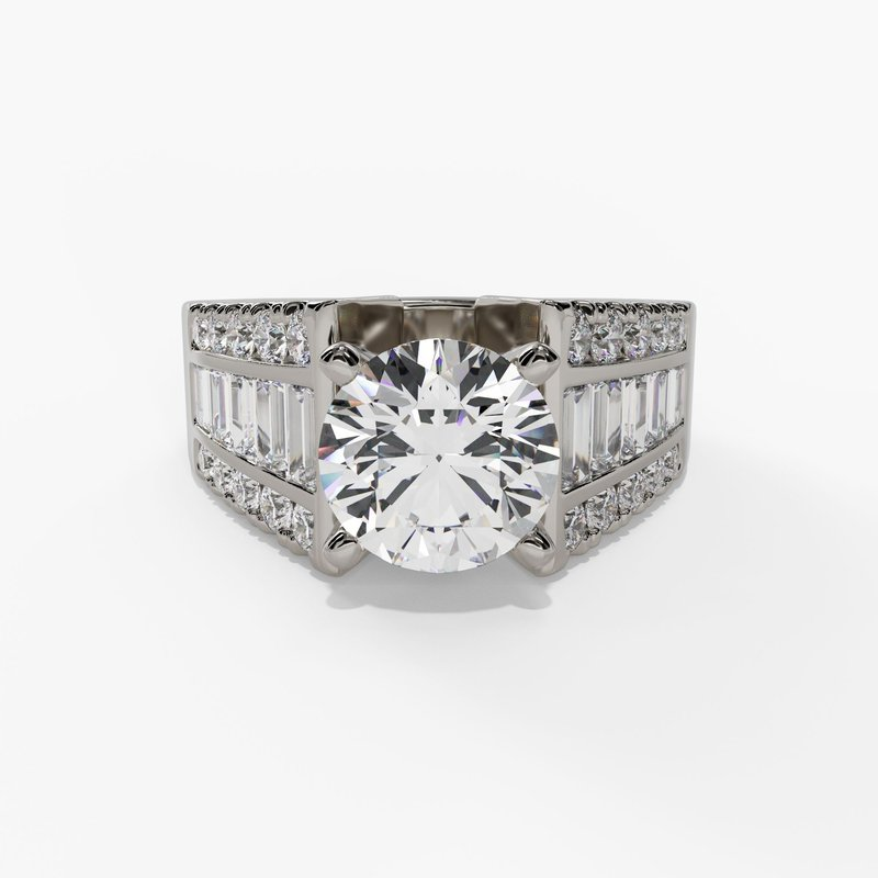 14K White Gold Wide Band Round Natural Diamonds Engagement Ring