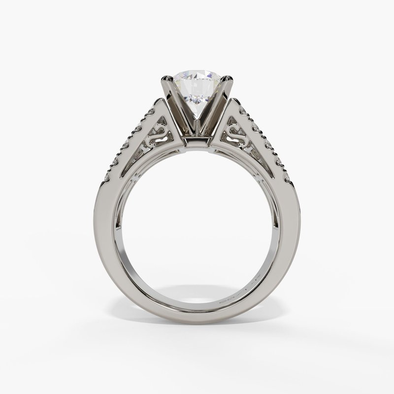 14K White Gold Wide Band Round Natural Diamonds Engagement Ring