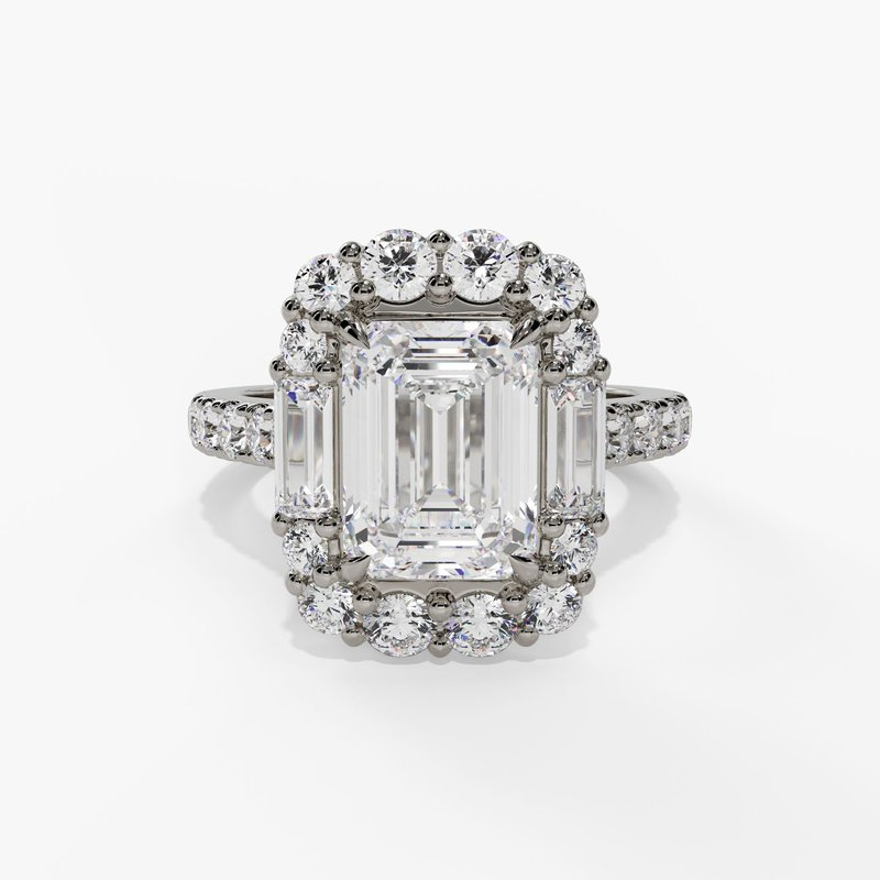 14K White Gold Modern Halo Emerald Cut Natural Diamonds Engagement Ring