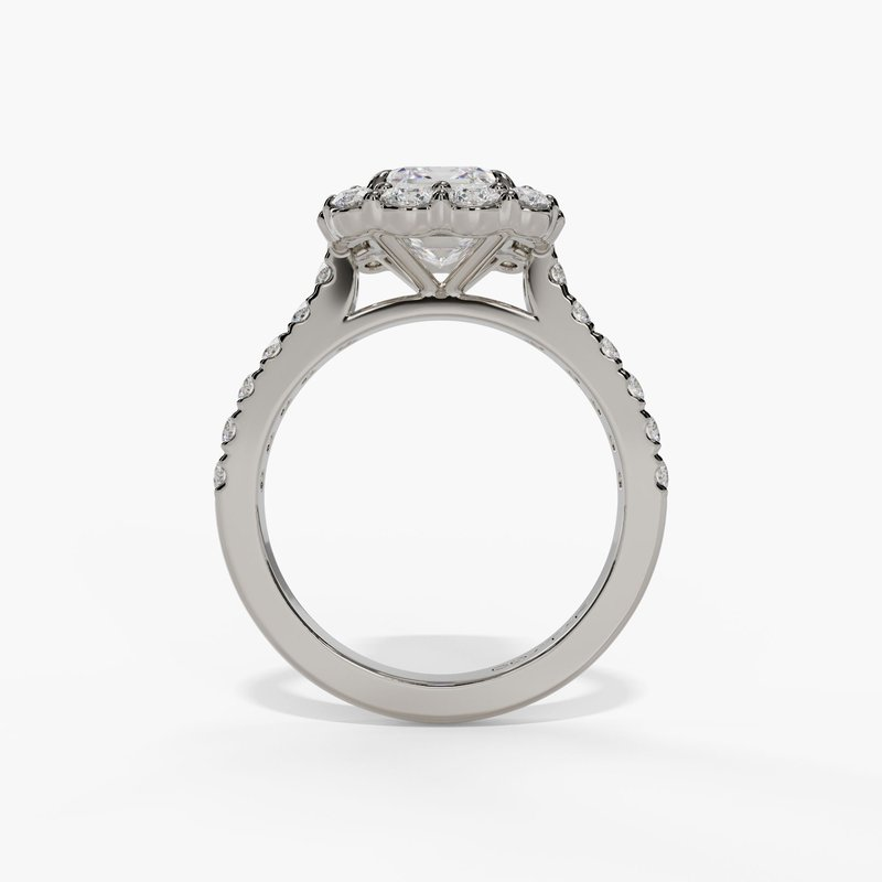 14K White Gold Modern Halo Emerald Cut Natural Diamonds Engagement Ring