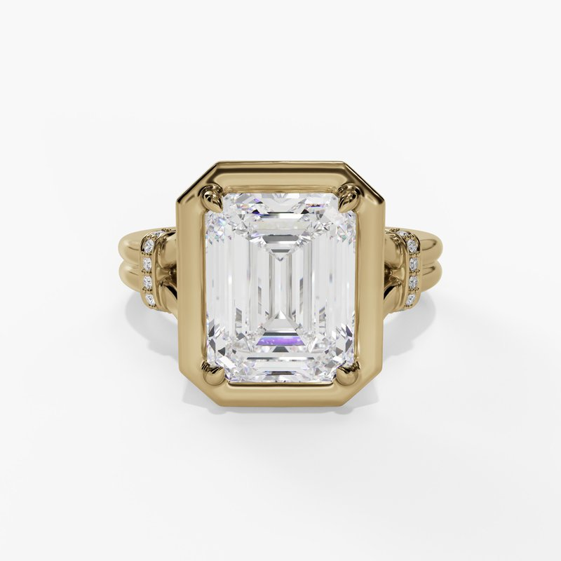 14K Yellow Gold Split Shank Bezel Set Emerald Cut Natural Diamonds Engagement Ring