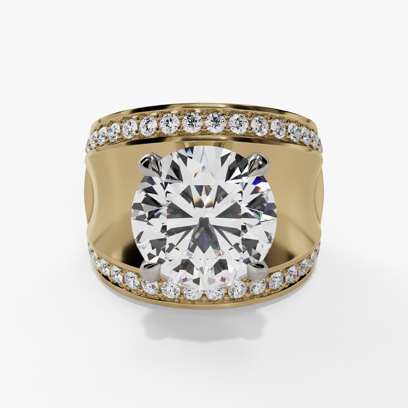 14K Yellow And White Gold Wide Band Round Natural Diamonds Engagement Ring