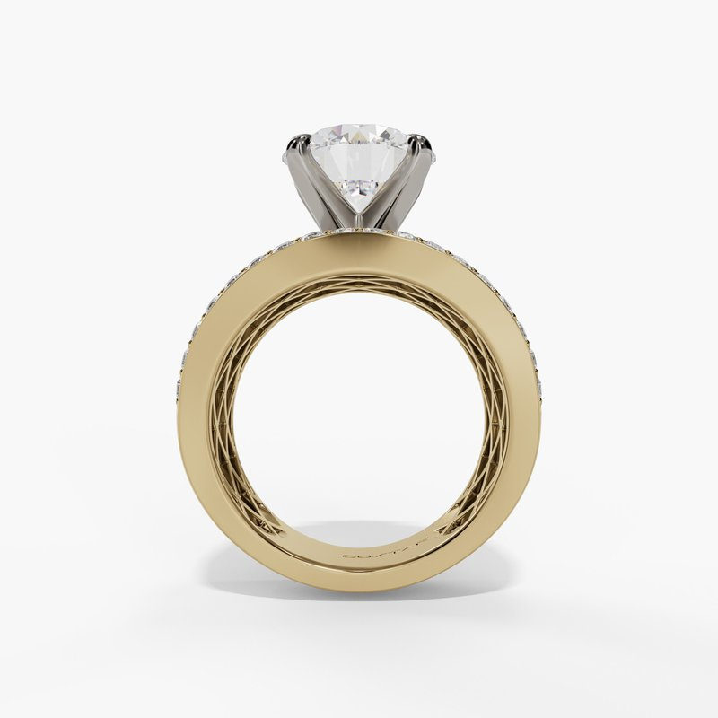 14K Yellow And White Gold Wide Band Round Natural Diamonds Engagement Ring