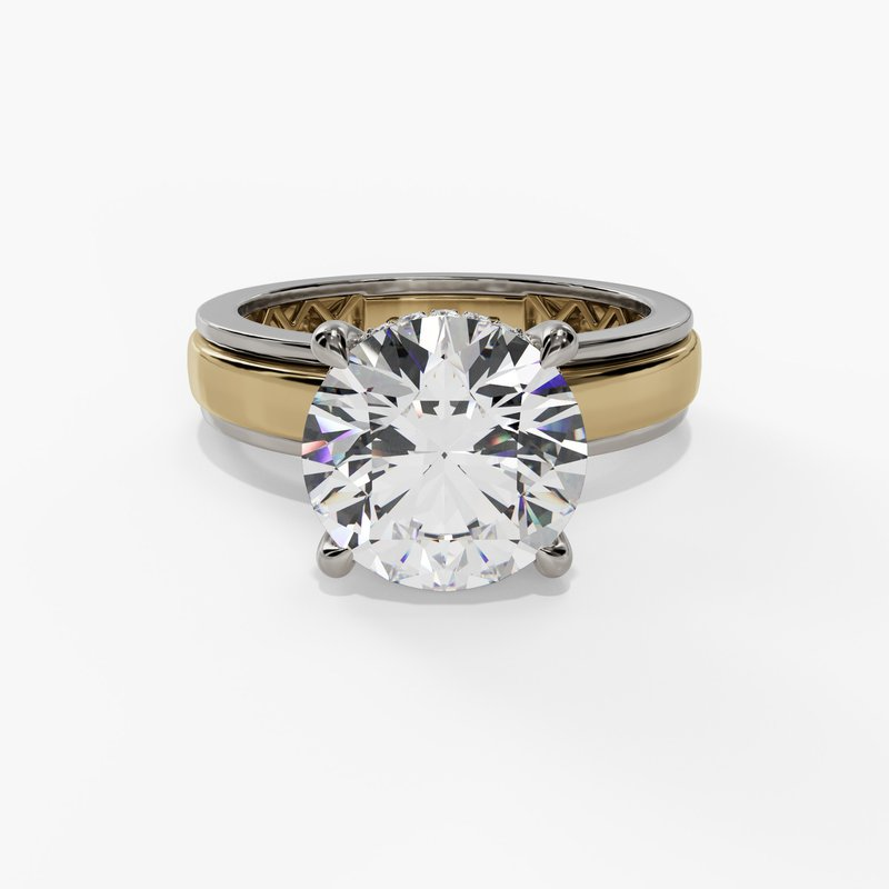 14K Yellow And White Gold Hidden Halo Round Natural Diamonds Engagement Ring