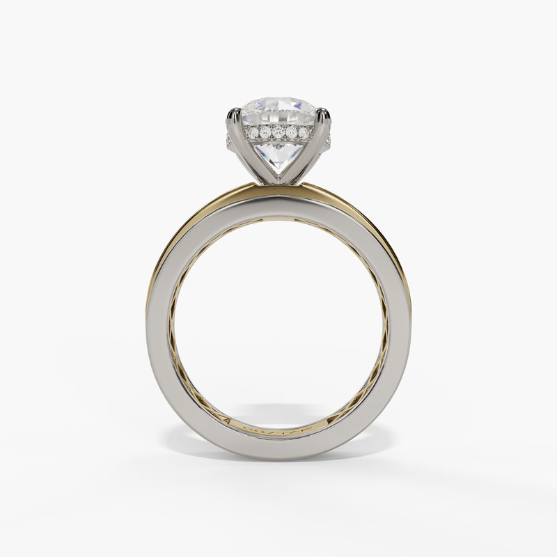 14K Yellow And White Gold Hidden Halo Round Natural Diamonds Engagement Ring