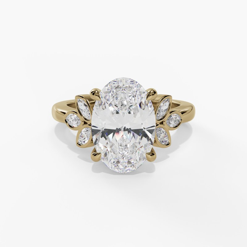 14K Yellow Gold Floral Oval Natural Diamonds Engagement Ring