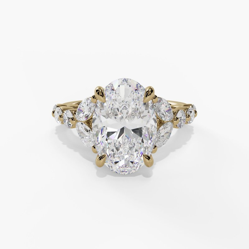 14K Yellow Gold Organic Oval Natural Diamonds Engagement Ring