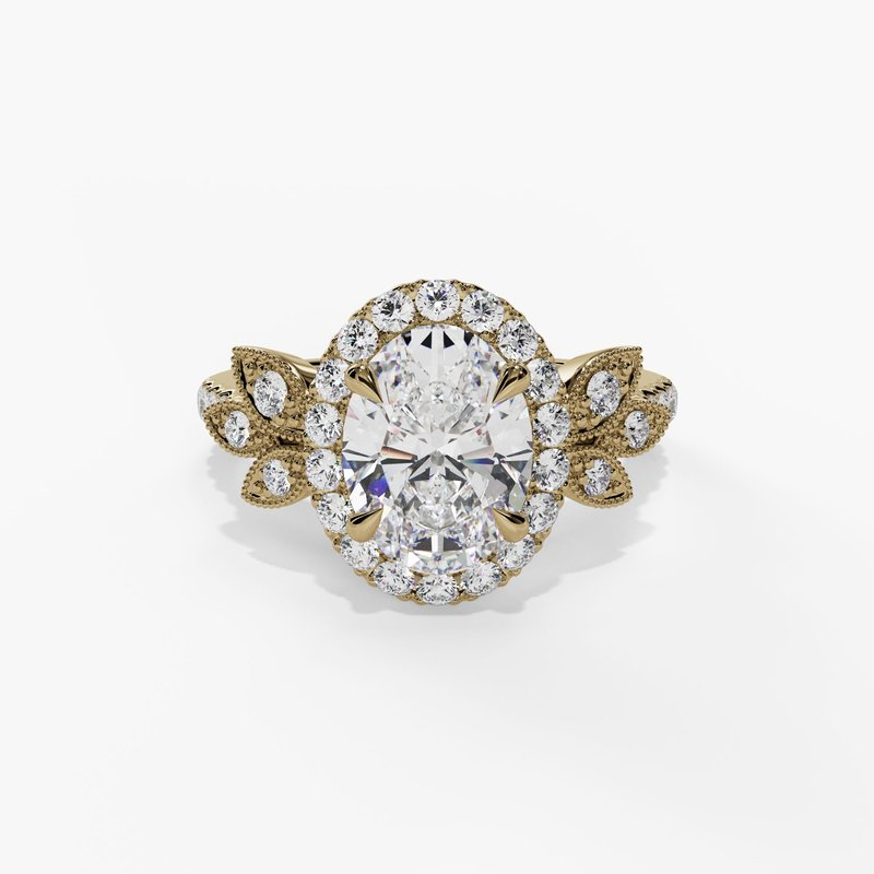 14K Yellow Gold Floral Oval Natural Diamonds Engagement Ring