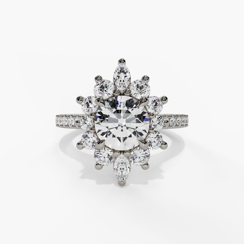 14K White Gold Modern Halo Round Natural Diamonds Engagement Ring