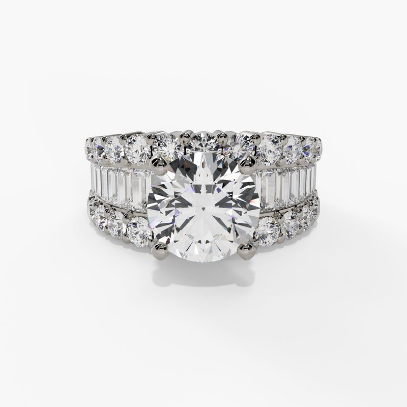 14K White Gold Wide Band Round Natural Diamonds Engagement Ring