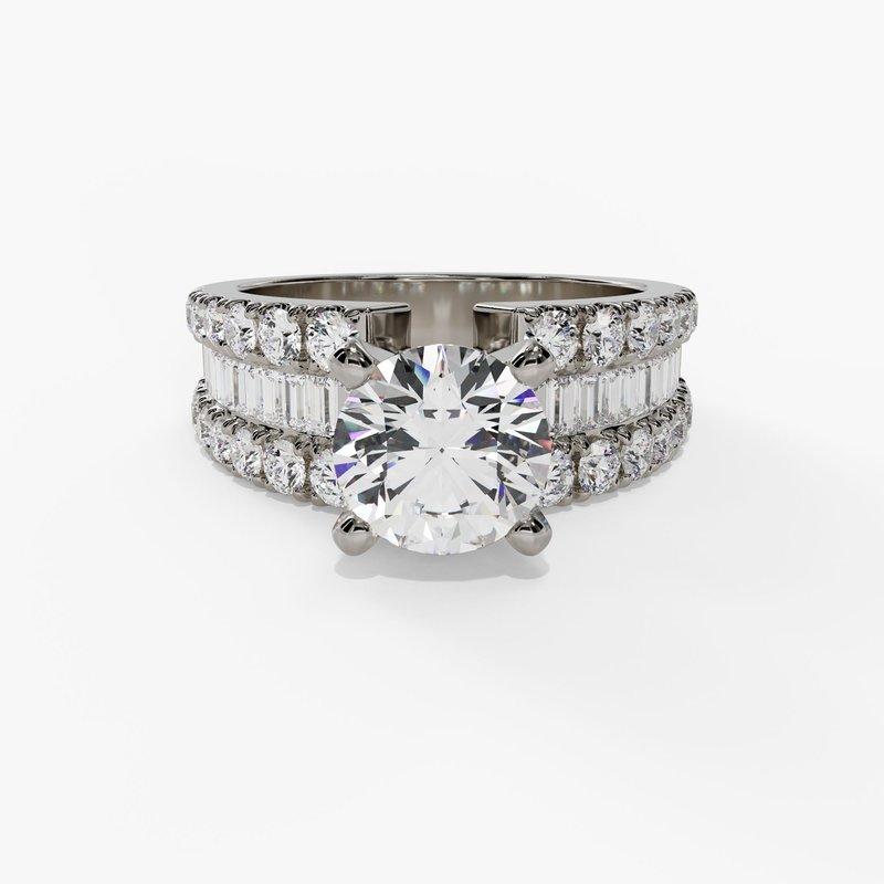 14K White Gold Wide Band Round Natural Diamonds Engagement Ring