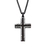 Black IP Damascus Steel Cross Pendant with Ebony Wood Inlay