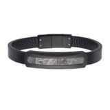 Stainless Steel Carbon Fiber 6.5mm Meteorite Inlay Black Leather Bracelet