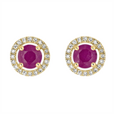 July Birthstone Earrings: 14K Yellow Gold Diamond Halo Stud Ruby Earrings