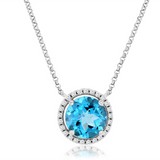 14K White Gold Blue Topaz Halo Necklace