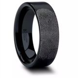 Black Tungsten ‘San Antonio’ Fingerprint Engraved Flat Pipe Cut Wedding Band