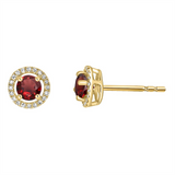 January Birthstone Earrings: 14K Yellow Gold Diamond Halo Garnet Earrings