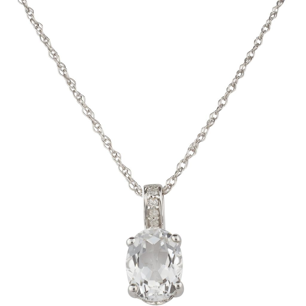 April Birthstone Pendant: 14K White Gold Diamond And Oval White Topaz Pendant Necklace