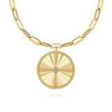 14K Yellow Gold Textured Diamond Medallion Paperclip Chain Necklace