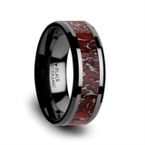 Black Ceramic ‘Triassic’ 8mm Red Dinosaur Bone Inlaid Beveled Edge Wedding Band