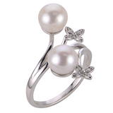 Sterling Silver Bypass Freshwater Pearls And Diamond Floral Ring