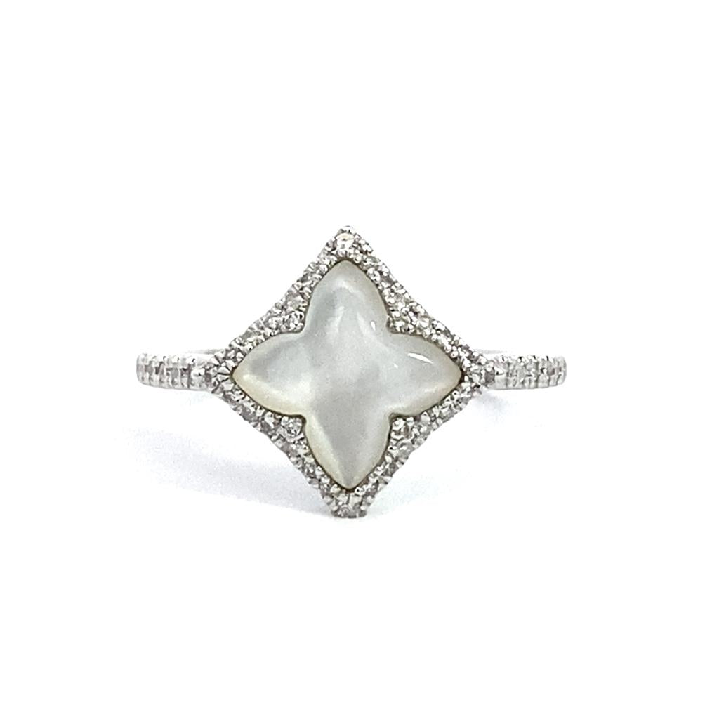14K White Gold Mother Of Pearl And Diamond Flower Ring