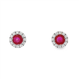 July Birthstone Earrings: Sterling Silver Lab Grown Ruby Halo Earrings