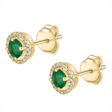 May Birthstone Earrings: 14K Yellow Gold Diamond And Emerald Halo Earrings