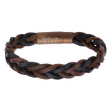 Stainless Steel Rose Ion Plated Brown And Black Braided Leather Bracelet