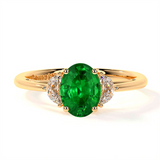 14K Yellow Gold Oval Emerald Three Stone Ring
