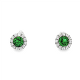 May Birthstone Earrings: Sterling Silver Lab Grown Emerald Halo Earrings