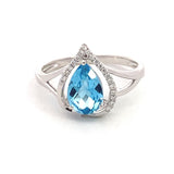 14K White Gold Blue Topaz And Round Diamonds Free Form Ring