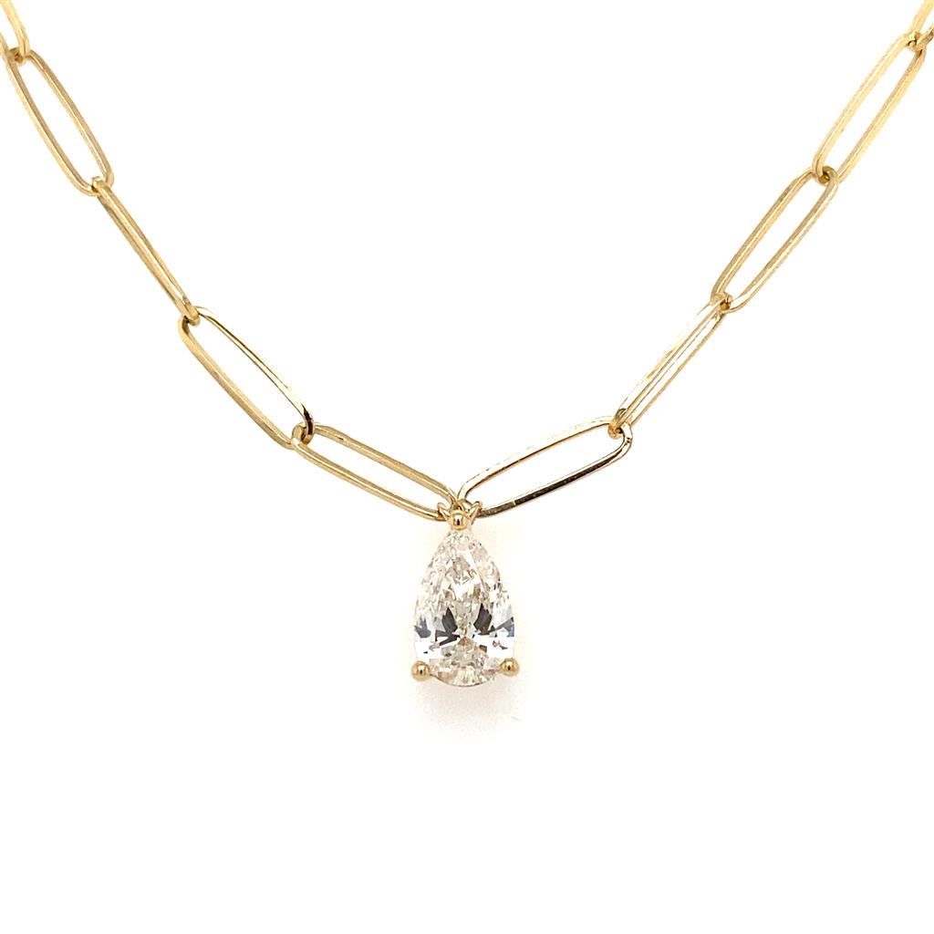 14K Yellow Gold Pear Shaped Diamond Necklace With Paperclip Chain