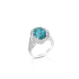 18K White Gold Oval Cambolite Blue Zircon Contemporary Halo Ring