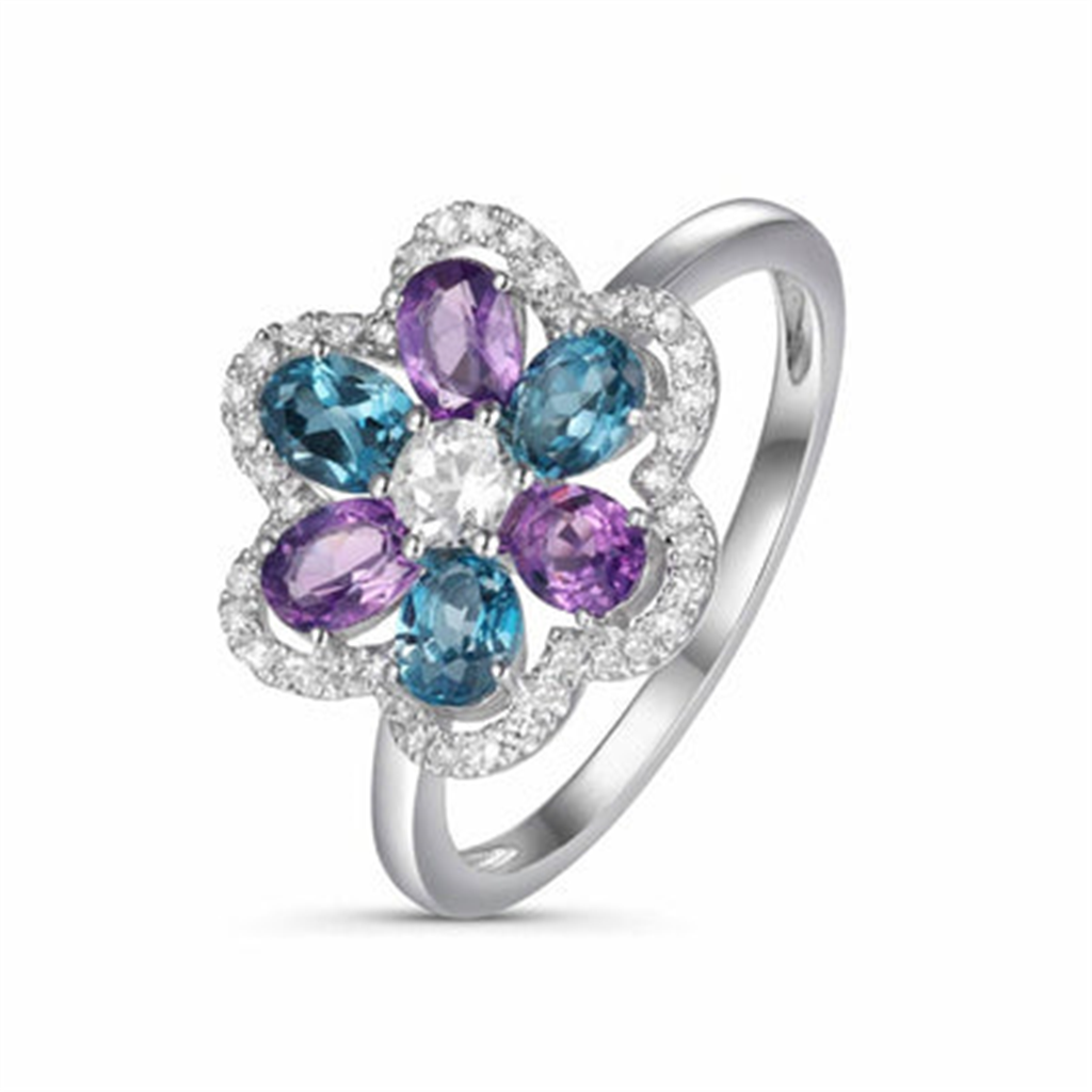 14K White Gold Multi-colored Gemstone And Diamond Flower Ring
