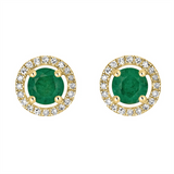 May Birthstone Earrings: 14K Yellow Gold Diamond And Emerald Halo Earrings