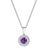 February Birthstone Rings: 14K White Gold Diamond And Amethyst Halo Pendant Necklace