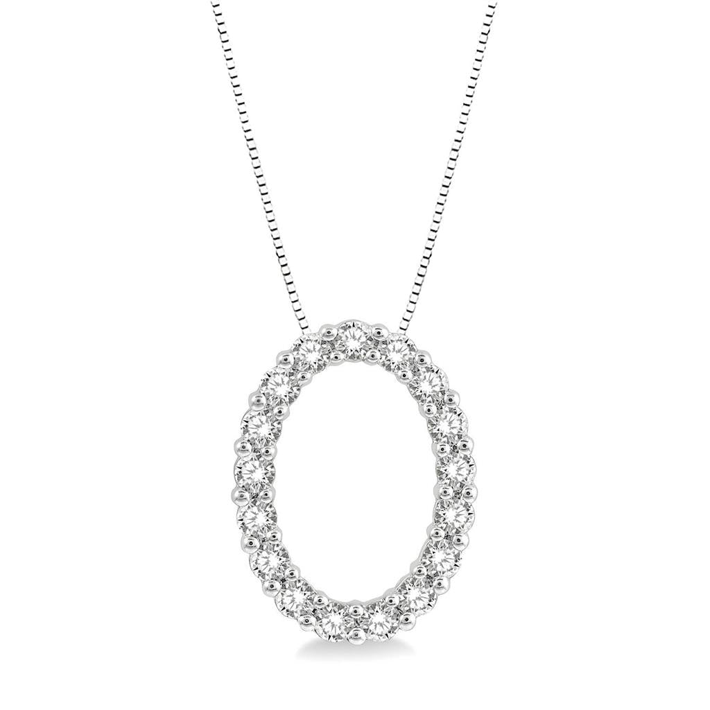 14K White Gold Oval Diamond Pendant Necklace