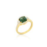 18K Yellow And White Gold Green Tourmaline Three Stone Halo Ring
